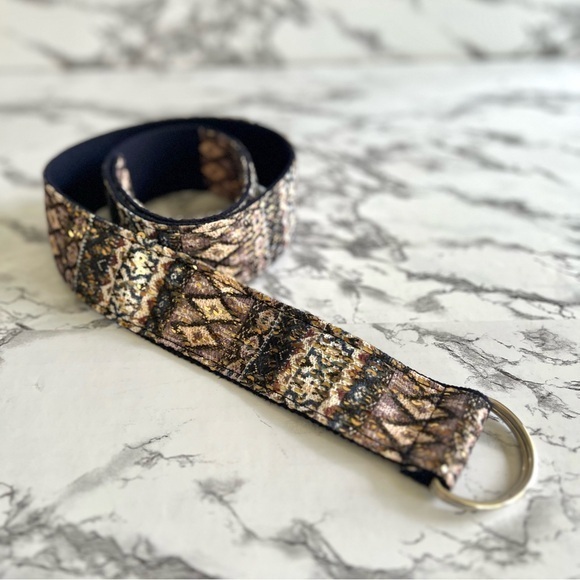 Belt Southwestern Aztec Print Gold Sequin Blue Brown Belt M - Picture 1 of 13